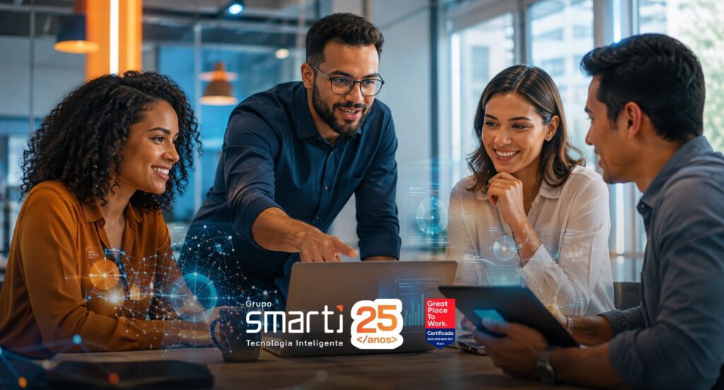 Equipe planejando IA nas empresas e soluções tecnológicas integradas